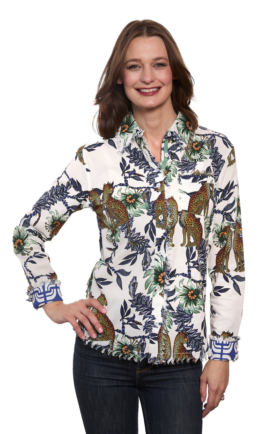 Cape Cod Top Cheetahs and Floral On Ivory Cotton Linen Ground
