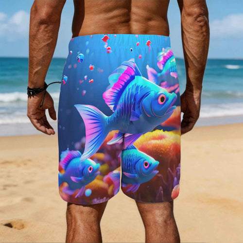 Blue Neon Fish Men's All Over Print Elastic Beach Shorts