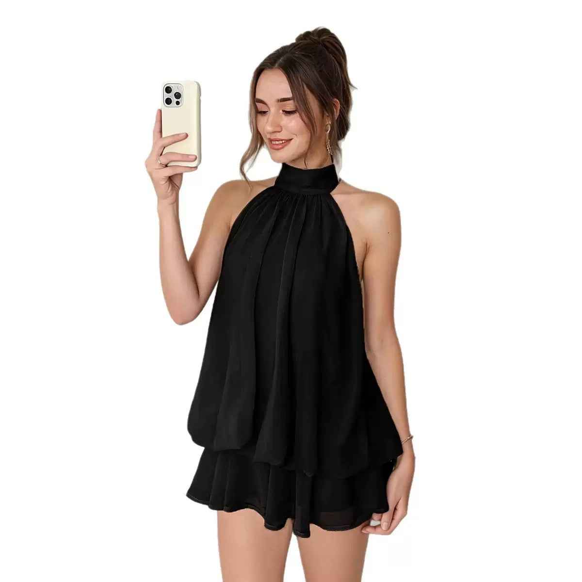 Chiffon Halter Tea Length Dress Sassy Skirt