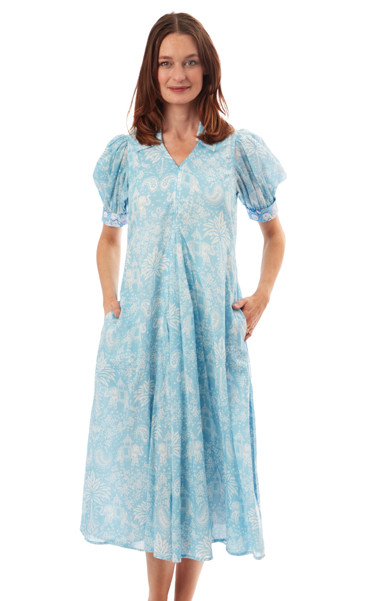 Montauk Dress Light Blue Elephants And Palm Trees