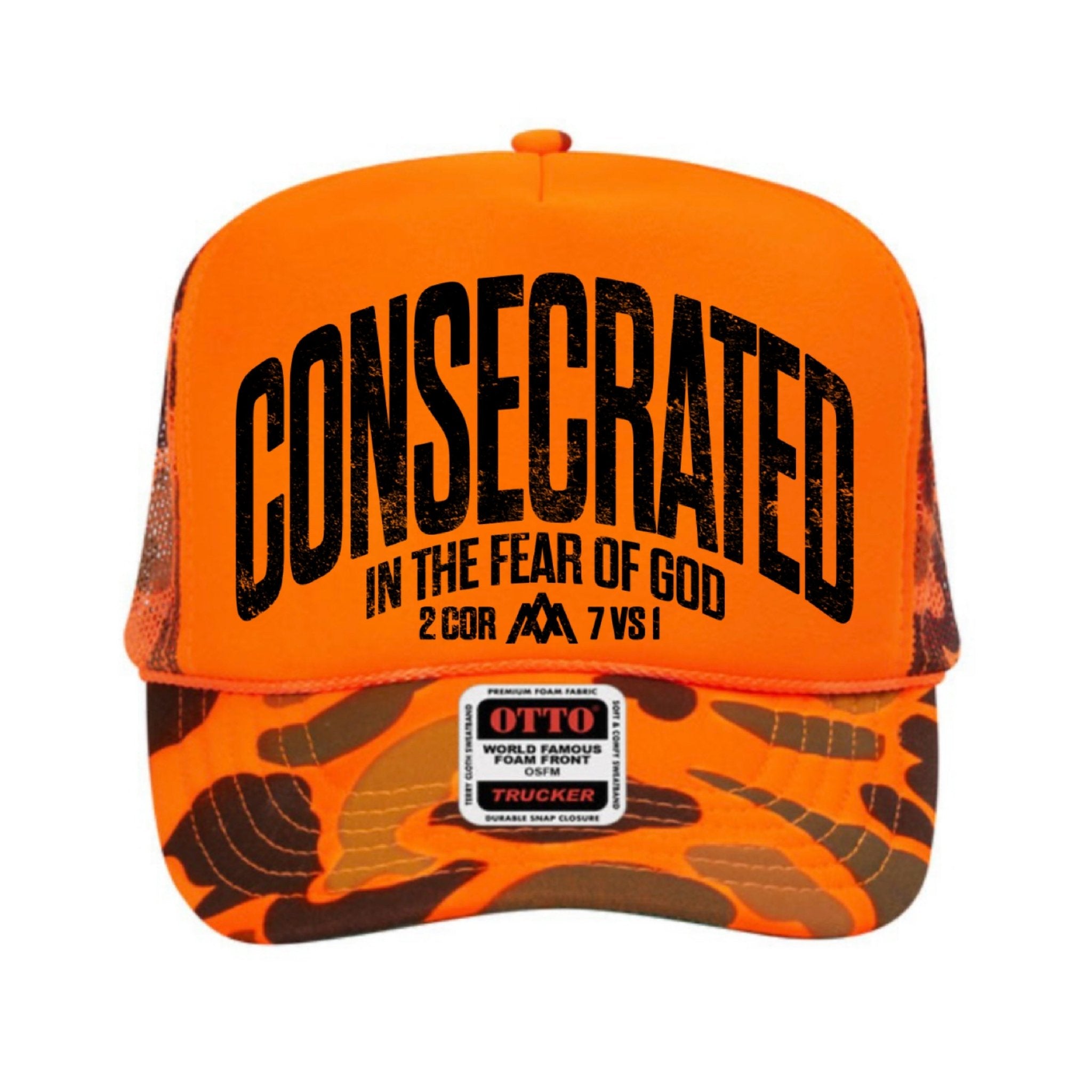 CONSECRATED Foam Trucker Hat – Neon Orange/Camo