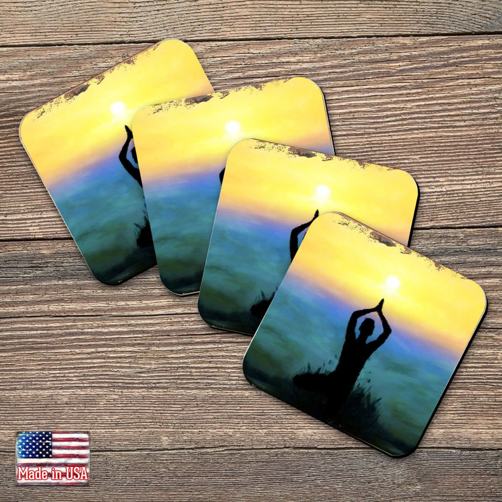 Yoga Wooden Cork Coasters Gift Set of 4 by Nature Wonders - Nature Wildlife Decor  - 95385C-S4